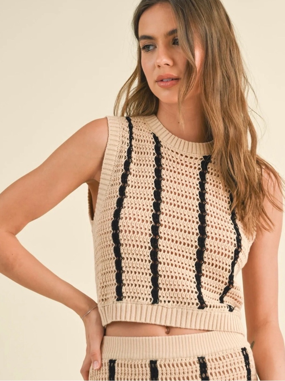 vestique Crochet Sleeveless Tank Top in Beige with Black Stripes